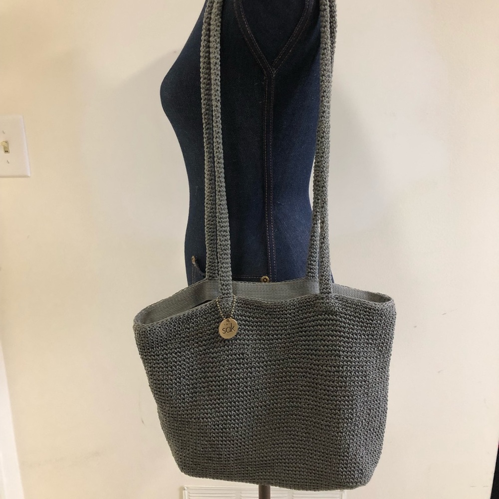 THE SAK large crocheted purse hobo unstructured style, neutral medium gray color